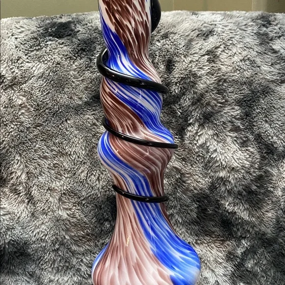 TALL Blown Glass Abstract Art
Vase Blue Brown Swirl Colors Black glass band - Picture 6 of 16